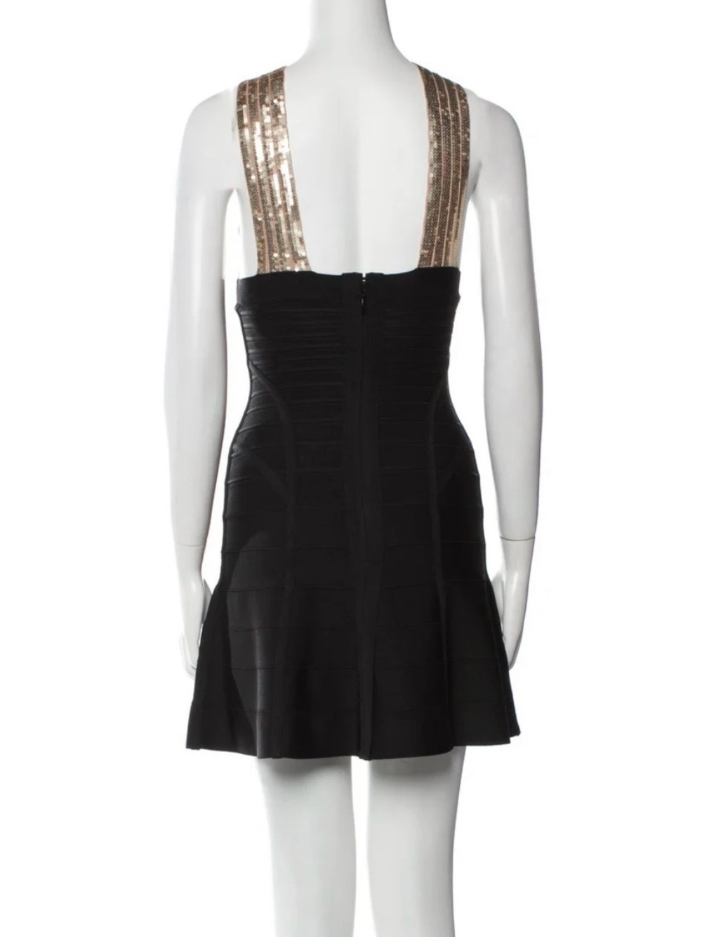 Herve Leger Black and Gold Asymmetrical Sequin Fit & Flare Dress - Picture 7 of 9